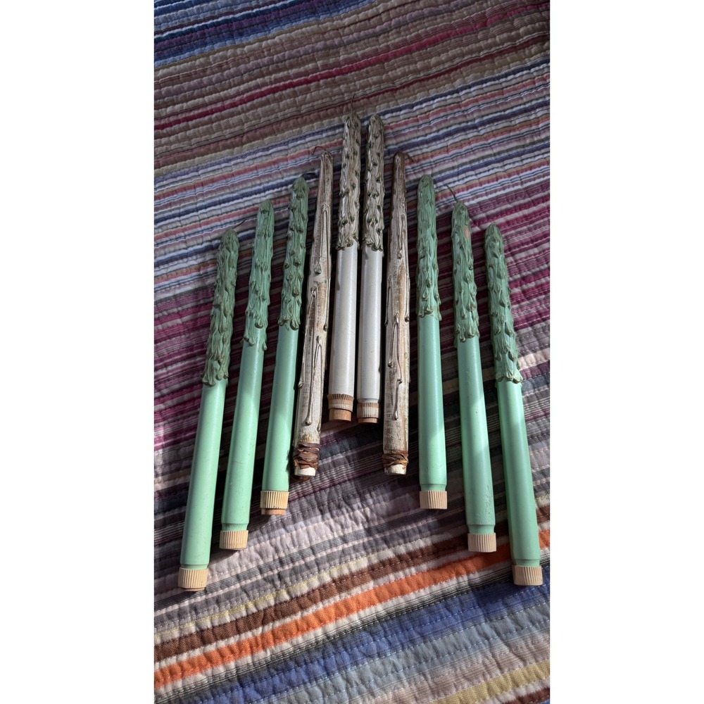 Vtg MCM Faux Melting Dripping Taper Candles Set of 10 Decor 10" Mint & Cream